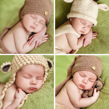 Collage made of four pictures of the baby in a brown knitted cap of a peacefully sleeping on the soft green blanket,putting the pen under his cheek with a brown toy bear