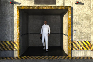 one young black man in a white suit, steps out of the Elevator. Man holding folder with documents