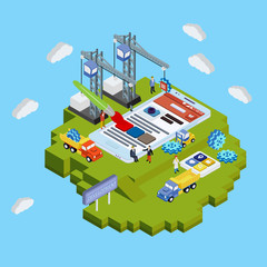 Flat 3d web isometric concept vector template. Mobile app development creative process visualization. Crane people painting changing interface on phone tablet.