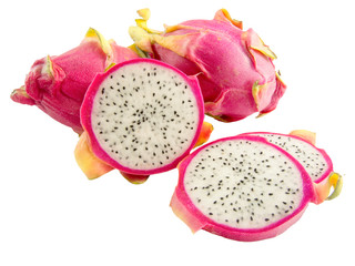 whole pitaya fruits and pitaya slices on white background