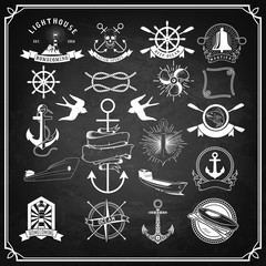 Nautical labels set. Vintage design elements on black chalkboard