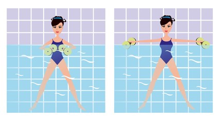 Beautiful girl doing Aqua aerobics. Vector girl doing physical exercise in the water. Cartoon Women making aqua gym exercises with dumbbells in swimming pool.