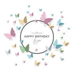 Vector Illustration of a Happy Birthday Greeting Card Design with Pastel Colored Paper Butterflies