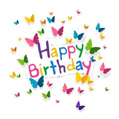 Vector Illustration of a Happy Birthday Greeting Card with Colorful Paper Butterflies