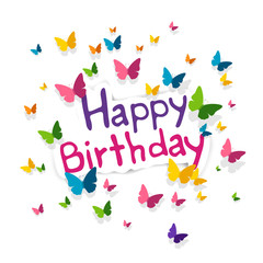 Vector Illustration of a Happy Birthday Greeting Card with Colorful Paper Butterflies