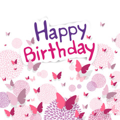 Vector Illustration of a Happy Birthday Greeting Card with Paper Butterflies and Floral Design Elements
