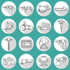 Set of flat repair tool icons. Home repair tools pictogram. Worker tools. Electric tools. Tools sign. Vector illustration.