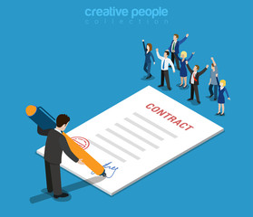 Contract signature businessman flat isometric vector 3d