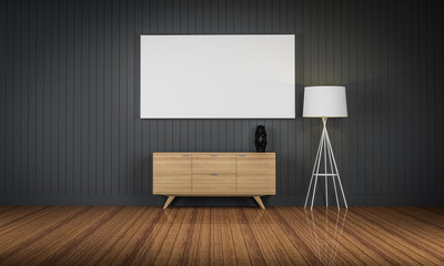 wood cabinet in blue wall living room 3d rendering..