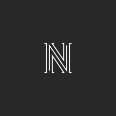 Monogram N letter thin line hipster logo, black and white initial for retro wedding card, vintage cute decoration design element
