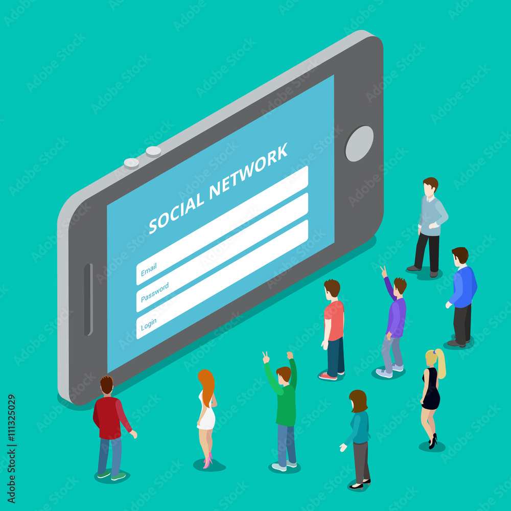 Poster social media mobile application network login. social network authorization plugin. flat 3d isometry