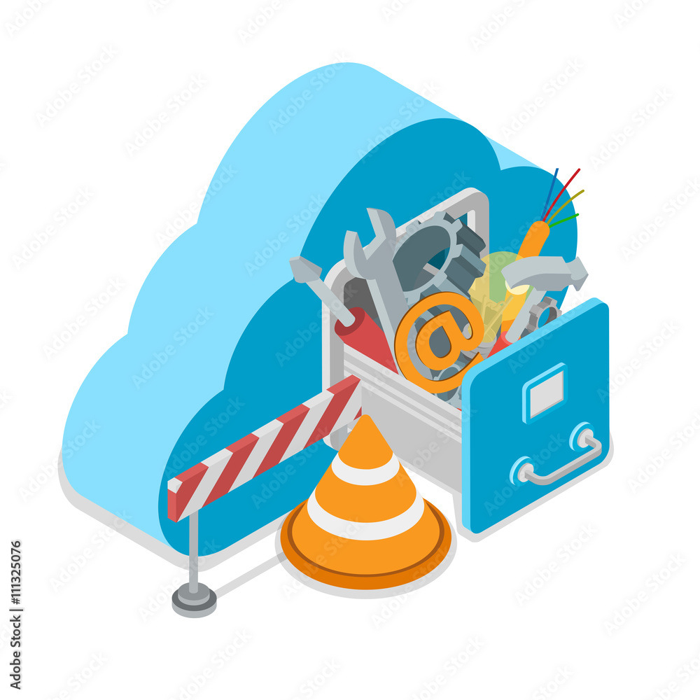 Poster cloud service under construction. cloud shape drawer wrench screwdriver hammer wire cogwheel cap bar