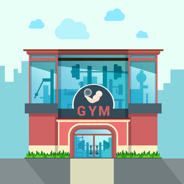 Gym building exterior outdoor front view facade showcase window concept. Flat style web site vector illustration. No people. Sports exercise conceptual.