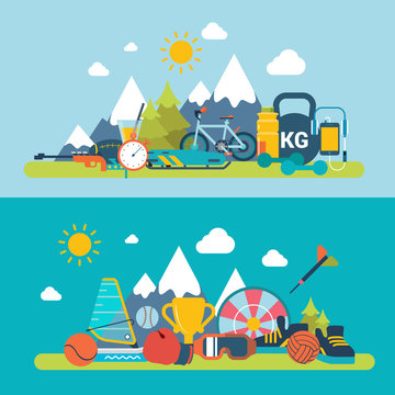 Mountain fresh air scene outdoor sports winter summer exercise web site banner hero image set. Flat style modern vector illustration. Sports collection.