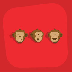 Monkeys faces emotions vector flat card design. Ape flat style animal icon set isolated on red background. Monkey smile, wonder emoticons logo template with head of monkeys. Zoo pets cartoon concept
