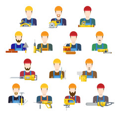 Building industry builders profession worker staff userpic avatar creative people icon set. Flat style carpenter painter decorator mason bricklayer stonemason builder laborer hunky tiler app icons.