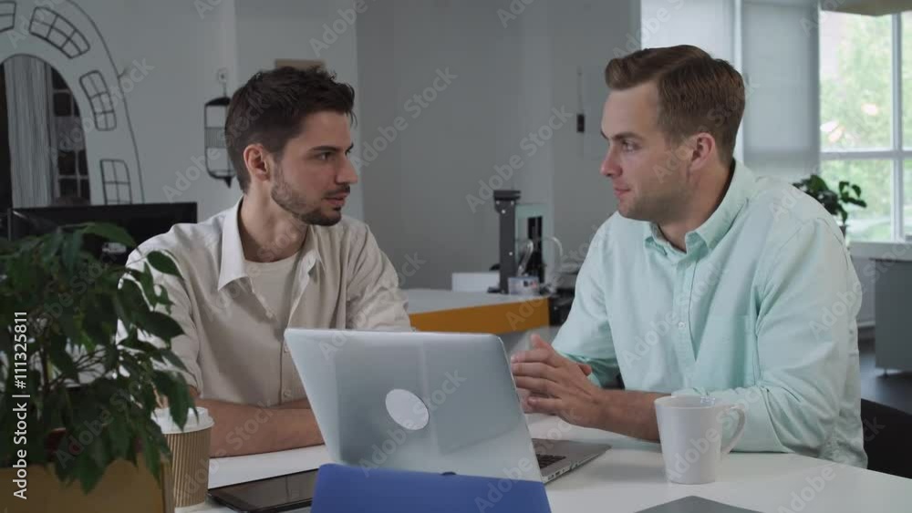 Poster young professional colleagues discussing their work. man looking at a computer screen. men working i