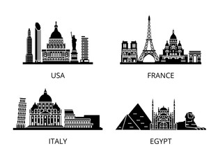 High detail landmarks silhouette stencil set. World countries
