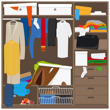 Open wardrobe with mess clothes. Household mess vector illustration