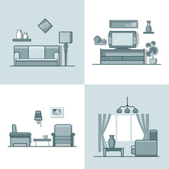 Living room interior indoor set. Linear monocolor stroke outline flat style vector icons. Monochrome icon collection.