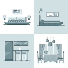 Bedroom kitchen living dining room interior indoor set. Linear monocolor stroke outline flat style vector icons. Color line art icon collection.