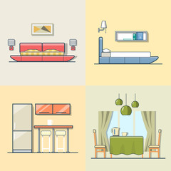 Bedroom kitchen living dining room interior indoor set. Linear multicolor stroke outline flat style vector icons. Color icon collection.