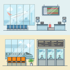 Airport registration reception desk railway train station ticket desk office interior indoor set. Linear stroke outline flat style vector icons. Color icon collection.