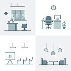 Office meeting conference room table chair armchair night dance club interior indoor set. Linear stroke outline flat style vector icons. Monochrome icon collection.