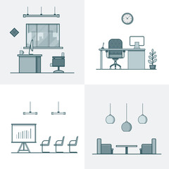 Fototapeta premium Office meeting conference room table chair armchair night dance club interior indoor set. Linear stroke outline flat style vector icons. Monochrome icon collection.
