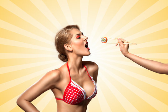 Feed me / A creative retro photo of a young pin-up girl in bikini eating sushi from chopsticks on colorful abstract cartoon style background.