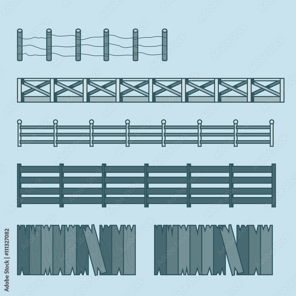 Poster farm countryside fence fencing element architecture building set. linear stroke outline flat style v