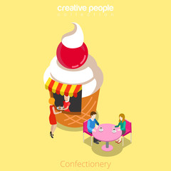 Confectionery candy shop cupcake shape building cafe restaurant realty real estate concept. Flat 3d isometry isometric style web site app icon concept vector illustration. Creative people collection.