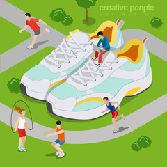 Running outdoor sports lifestyle concept. Flat 3d isometry isometric style web site vector illustration. Micro sportsman exercise run park around huge sneakers sport shoes. Creative people collection.