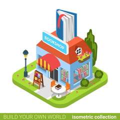 Bookstore book building shop realty real estate concept. Flat 3d isometry isometric style web site app icon set concept vector illustration. Build your own world architecture collection.