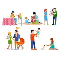 Family nursing babysitting young people parents parenting couple flat web infographic concept vector icon set. Playground babysitter mother father. Creative people collection.