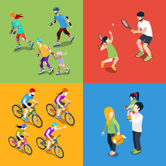 Family urban young people parents parenting outdoor sports flat 3d isometric isometry web infographic concept vector icon set. Roller rolling skating tennis cycling picnic. Creative people collection.