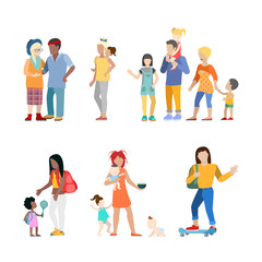 Active family urban young people parents parenting nursing babysitting babysitter couple flat web infographic concept vector icon set. Creative people collection.