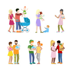 Pregnancy prenatal newborn family urban young people parents parenting nursing babysitting babysitter couple flat web infographic concept vector icon set. Creative people collection.