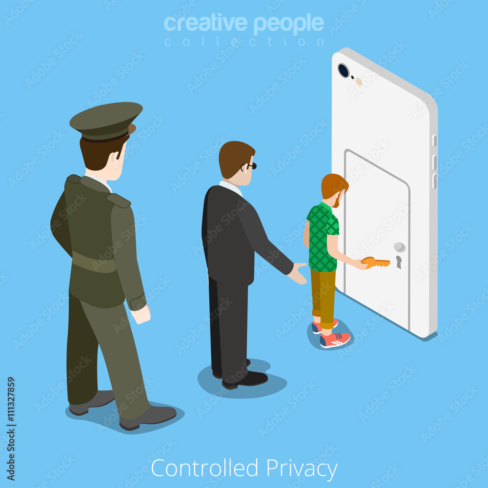 Poster controlled privacy device access concept. flat 3d isometry isometric style web site vector illustrat