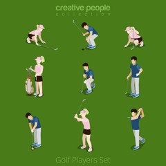 Golf players male female flat web infographic concept vector icon set. Creative people collection.