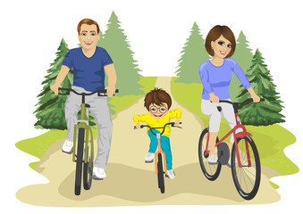 Young caucasian family, father, mother and boy child riding bicycles in summer in countryside