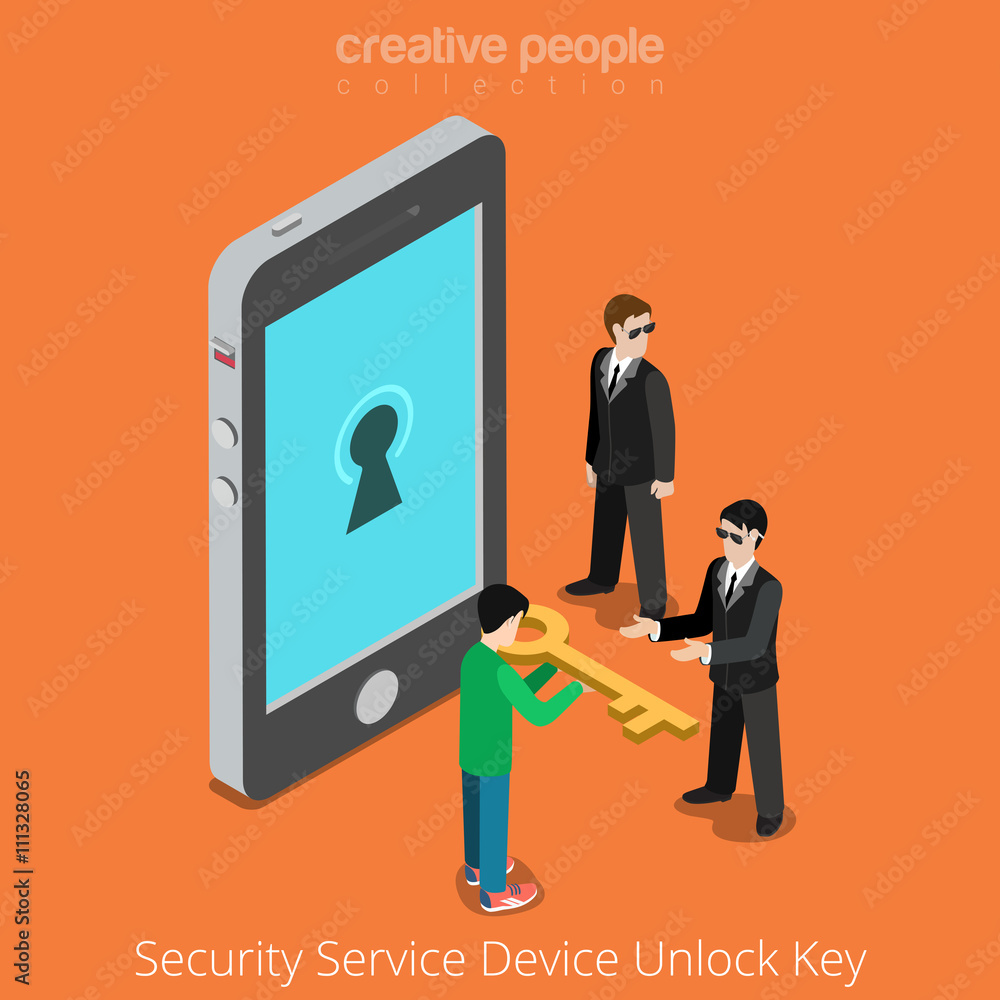 Poster security service device unlock key. special agents taking universal clue to smartphone. flat 3d isom