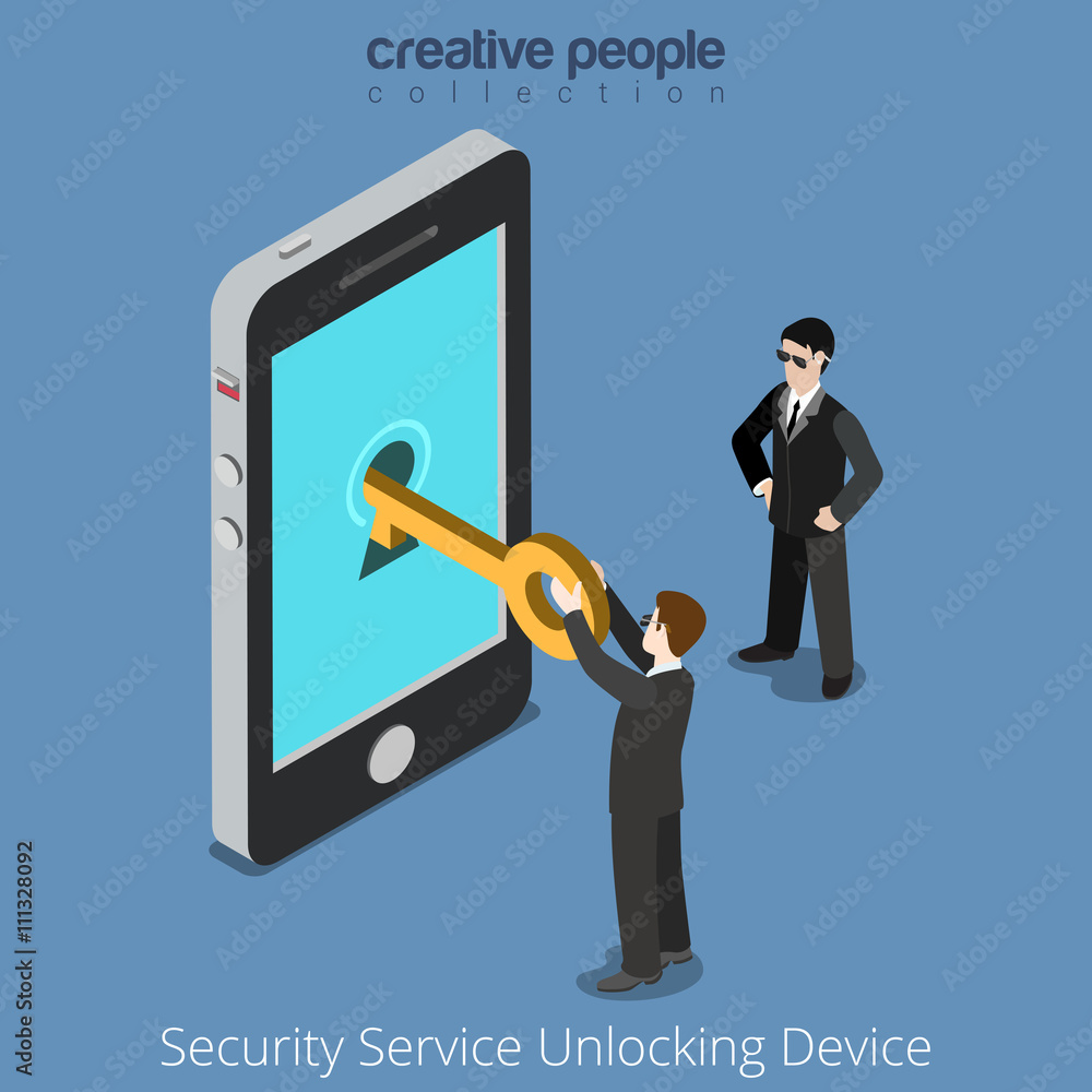 Poster security service unlocking device. special agents taking universal clue to smartphone. flat 3d isome
