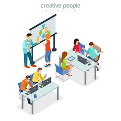 Coworking presentation meeting office interior indoor concept. Flat 3d isometry isometric style web site app icon set concept vector illustration. Creative people collection.