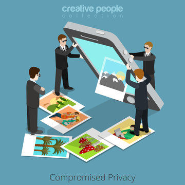 Compromised privacy concept. Special agents shake out content from big smartphone. Flat 3d isometry isometric style web site app icon set concept vector illustration. Creative people collection.