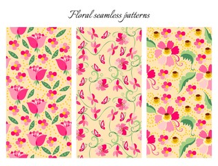 Fototapeta na wymiar Set of cute seamless floral patterns. Vintage backgrounds with pink flowers. Vector illustration. May be used for design fabric, wrapping paper, covers, wallpapers, textiles, textures. 