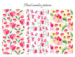 Set of seamless floral patterns. Pink flowers on white background. Vector illustration. May be used for design fabric, wrapping paper, covers, backgrounds.