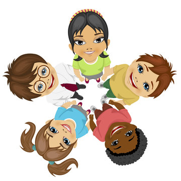 Group Of Multiracial Kids In A Circle Looking Up Holding Their Hands Together