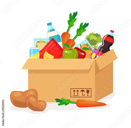 "Food in box. Food delivery. Vector flat cartoon illustration