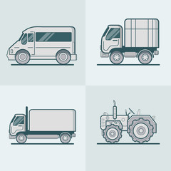 Bus Van Lorry Tractor road transport set. Linear stroke outline flat style vector icons. Monochrome icon collection.